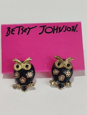 Betsey Johnson Owl Earrings Black Enamel Gold Tone Rhinestone Floral Post Back
